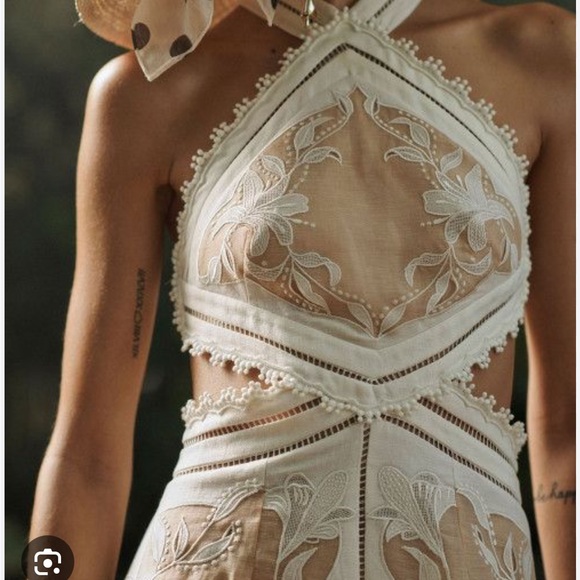 Zimmermann Corsage Lily Silk Linen Floral Appliqué Halter Dress - Picture 4 of 5